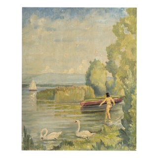 Jules Gaillepand, Lakeside Scene with Nude Figure Swans and Sailboat, 1920s, Oil on Canvas For Sale