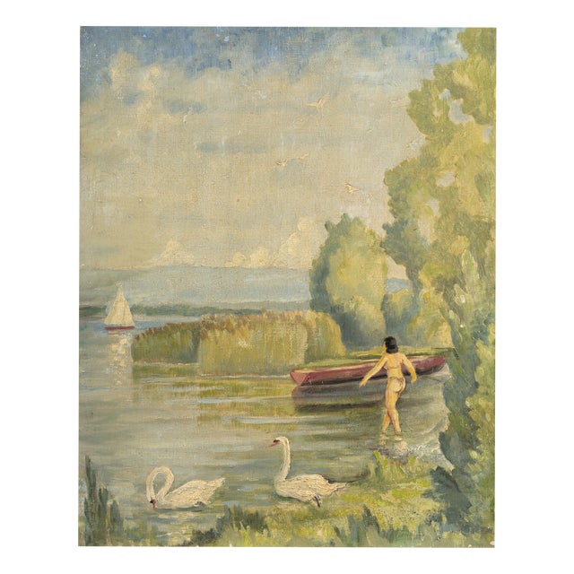 Jules Gaillepand, Lakeside Scene with Nude Figure Swans and Sailboat, 1920s, Oil on Canvas For Sale
