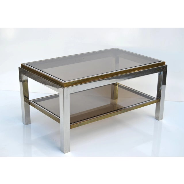 1960s Signed Willy Rizzo Two-Tier Chrome & Brass Coffee Table Smoked Glass Italy 60s For Sale - Image 5 of 12