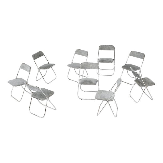 Chrome Folding Chairs with Fabric, 1970s, Set of 9 For Sale