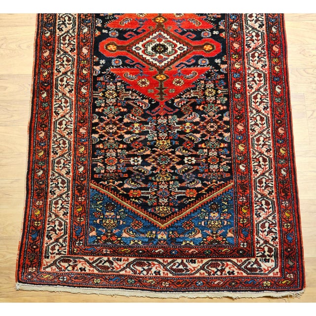 Vintage Persian Malayer Runner Rug, Hand-Knotted Wool, Geometric Pattern, 3x20, Navy & Red For Sale - Image 12 of 14