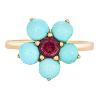 Turquoise Pink Tourmaline Flower Ring Sz 6.5 18k Yellow Gold Fine Jewelry For Sale