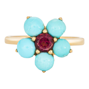 Turquoise Pink Tourmaline Flower Ring Sz 6.5 18k Yellow Gold Fine Jewelry