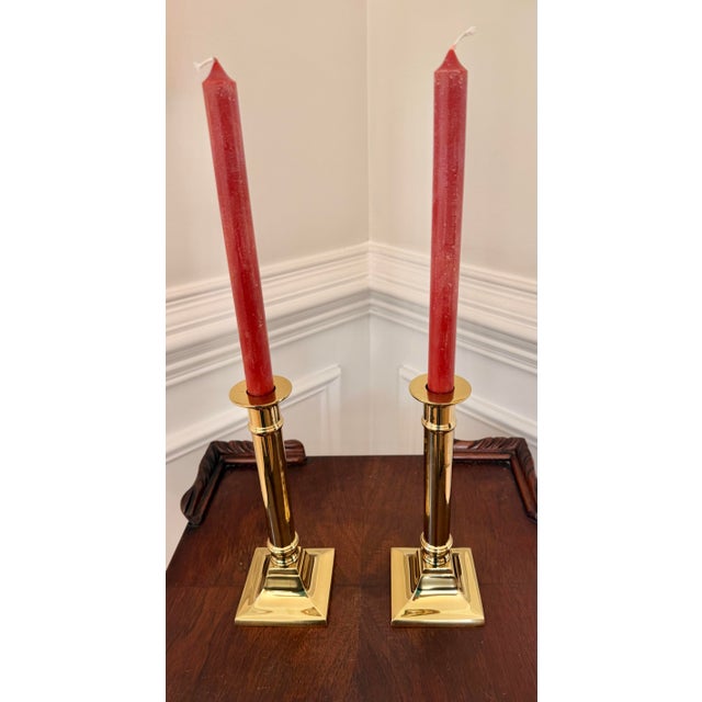 Metal Pair of Vintage Polished Brass Neoclassical Column Candlesticks- Heavy For Sale - Image 7 of 8