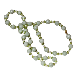 Natural Green Jadeite Beaded Necklace With Pearls and Peridot 14k Gold