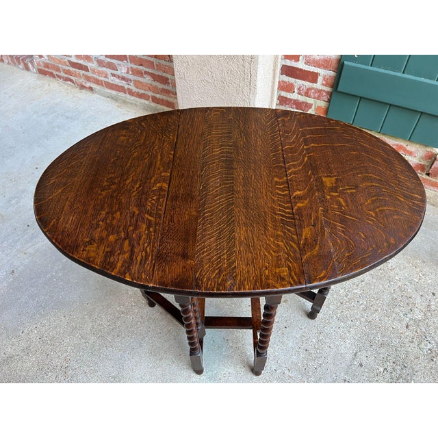Wood Antique English Petite Drop Leaf Table Barley Twist Gateleg Tiger Oak C1920 For Sale - Image 7 of 18