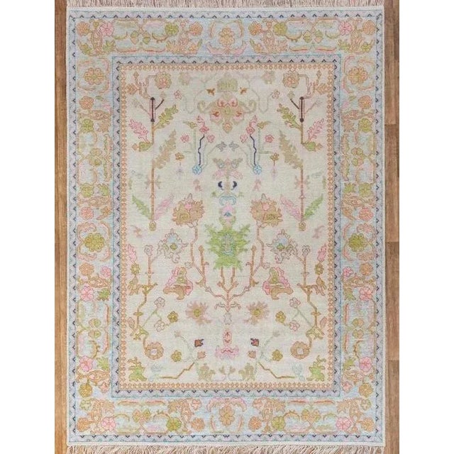 Traditional Modern Handknotted Oushak Rug in Bold Pink, Green & Orange with Blue Border, 8' x 10' For Sale - Image 3 of 11