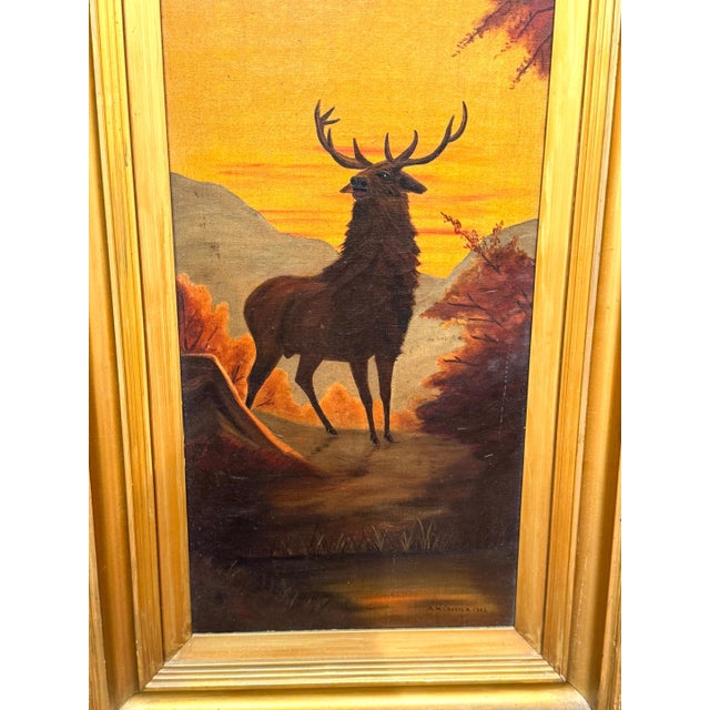 Pair American Sporting Paintings Elk & White-Tailed Deer Buck, Signed A. Crozier For Sale - Image 17 of 18