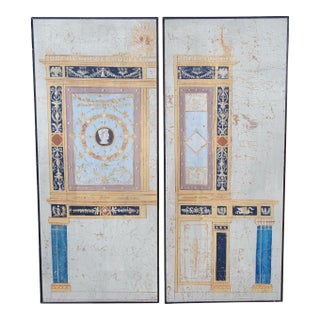 Pair Mid 20th Century French Hand Painted Neoclassical Wall Hanging Architectural Screen Panels For Sale