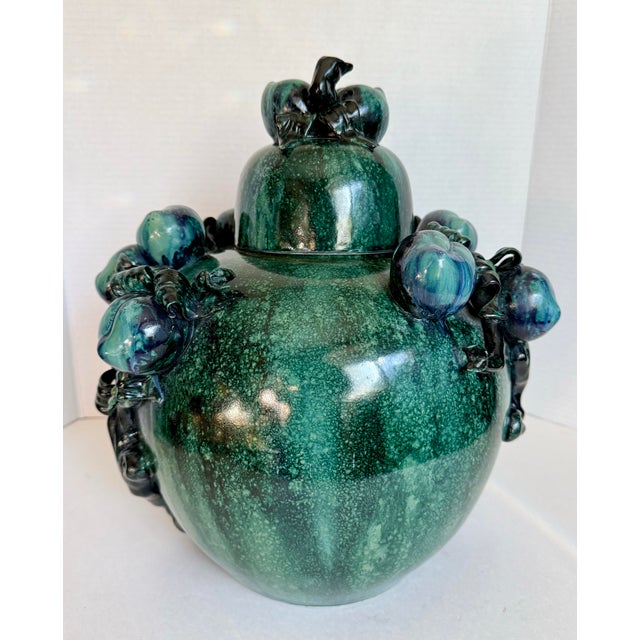 Chinese Large Chinese Green & Teal Glazed Lidded Ginger Jar With Sculptural Fruit Motif For Sale - Image 3 of 12