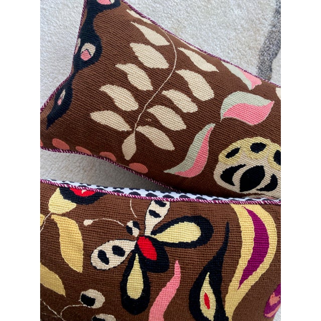 1960s Pair of Handmade Lumbar Throw Pillows From Vintage Needlepoint Tapestry Whimsical Butterflies Flowers For Sale - Image 5 of 9