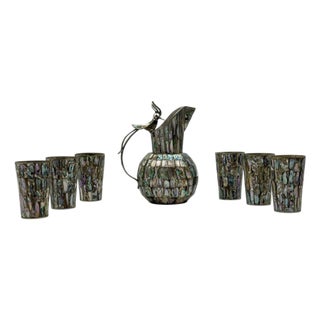 1960s Mexican Alpaca Silver & Abalone Bird of Paradise Pitcher Set - 7 pcs For Sale