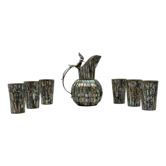 1960s Mexican Alpaca Silver & Abalone Bird of Paradise Pitcher Set - 7 pcs For Sale