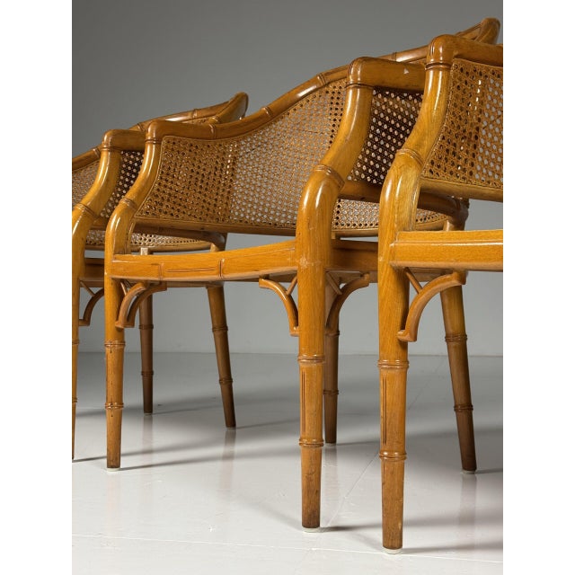 Set of 4 dining chairs. Late 20th century. All 4 in very good condition. Sturdy and solid. Dimensions: 60D x 84H x 58W Sh 39