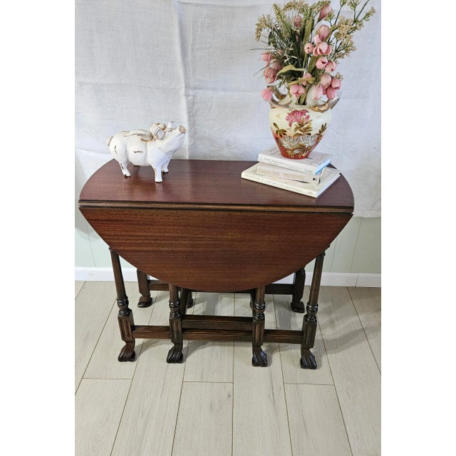 Vintage Antique Walnut Gateleg Drop Leaf Oval Table - Spanish Revival Hoof Feet, Spoon Carved Legs: Unique "Spanish Foot"...