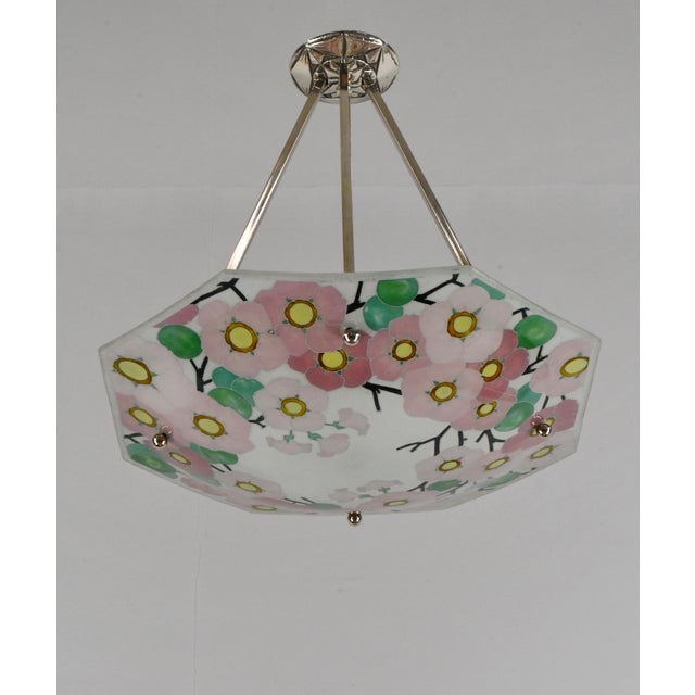 Metal Loys Lucha French Art Deco Pendant Light 1930s - Octagonal Pink Floral Enameled Shade For Sale - Image 7 of 16