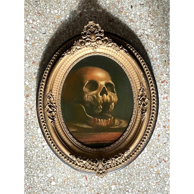 Vintage Skull Oil Painting in Ornate Frame For Sale - Image 10 of 12