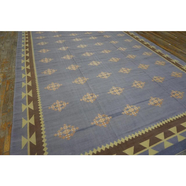 Contemporary 1930s Blue Gray Diamond Antique Indian Cotton Dhurrie Carpet Flatweave Large Rug For Sale - Image 3 of 17