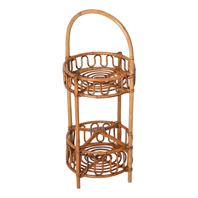 French Riviera Round Service Table with Bamboo and Rattan Bottle Holder, 1960s For Sale