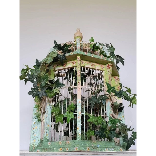 Farmhouse Whimsy Chic Decorative Distressed Painted Bird Cage For Sale - Image 3 of 11