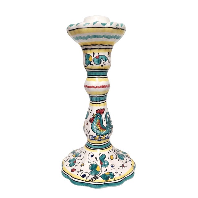 Pair of Vintage Italian Candlesticks Roosters Yellow Green Bird Hand Painted d'Arna Perugia Italy For Sale In Greensboro - Image 6 of 8