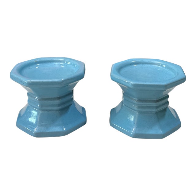 Pair of 1970s Blue Frankoma Lazy Bones Ceramic Candle Holders For Sale