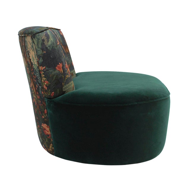 Textile Mid-Century Modern Green and Forest Motif Curved Sofa and Armchair, France, Set of 2 For Sale - Image 7 of 15