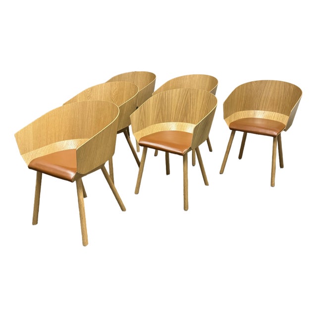 Stefan Diez for E15 Ch04 Houdini Oak + Leather Armchairs, Set of Six For Sale