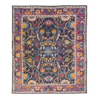 Modern Oushak Handmade Allover Floral Grey and Purple Wool Rug For Sale