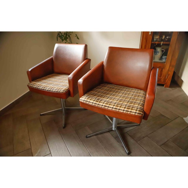 DDR Swivel Armchairs in Brown Faux Leather and Checkered Seat, 1970s, Set of 2 For Sale - Image 10 of 10