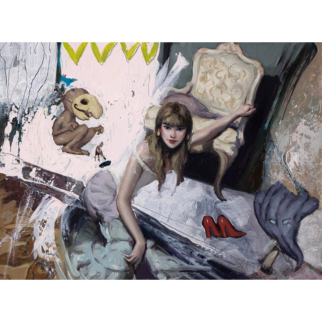 Red Shoes by Nadezda | Oil on panel Painting of a woman reaching for red shoes in a room. For Sale