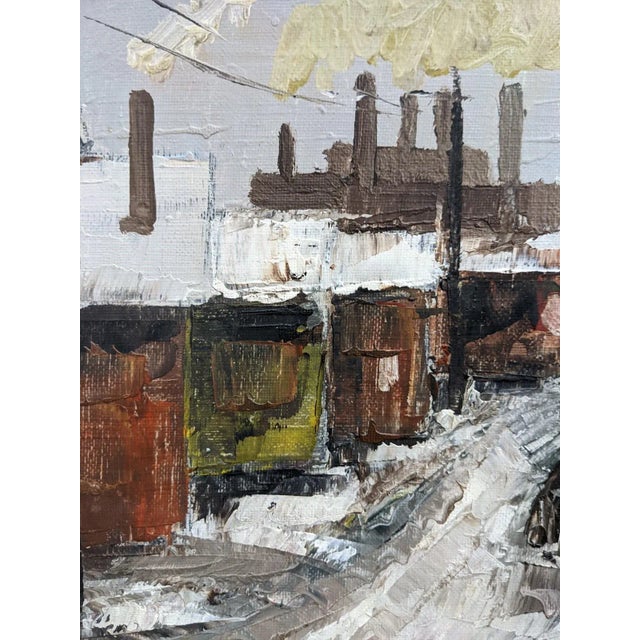 Chimneys Oil on canvas Size: 31 x 66 cm (including frame) A very well executed mid century modernist winter street scene...