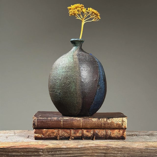 Vintage Danish Modernist Stoneware Poured Matte Glaze Small Neck Vase. Tri color poured glaze bud vase. In good condition...