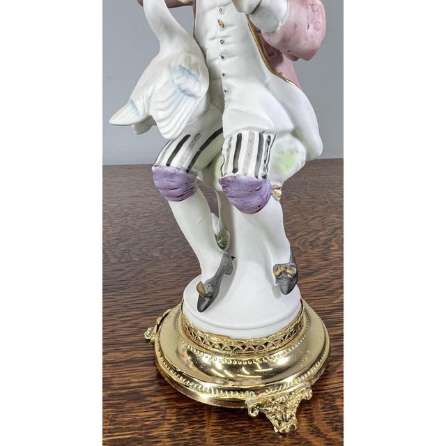 Gold Vintage French Style Porcelain Figurines on Brass Stands, Set of 2 For Sale - Image 8 of 10