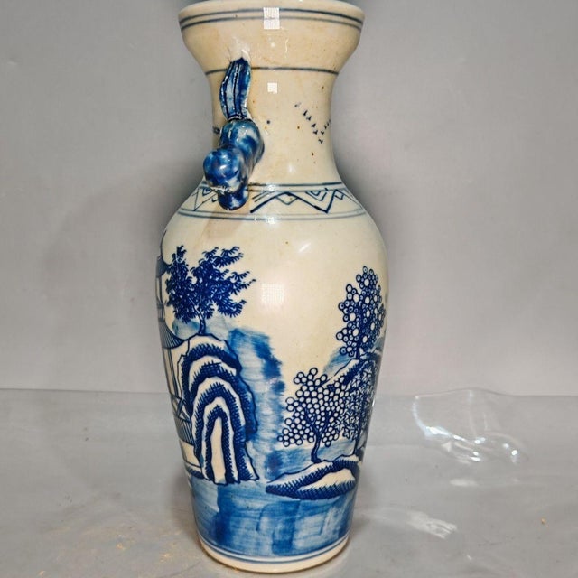 Blue Blue and White Porcelain Vases With Landscape Motif - Set of 2 For Sale - Image 8 of 10