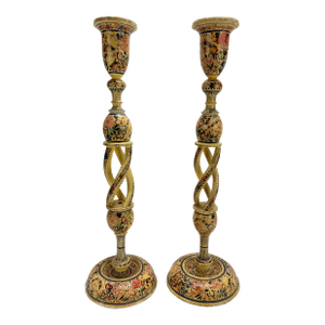 Pair of Antique Hand-Painted Kashmiri Spindle-Twist Candlesticks