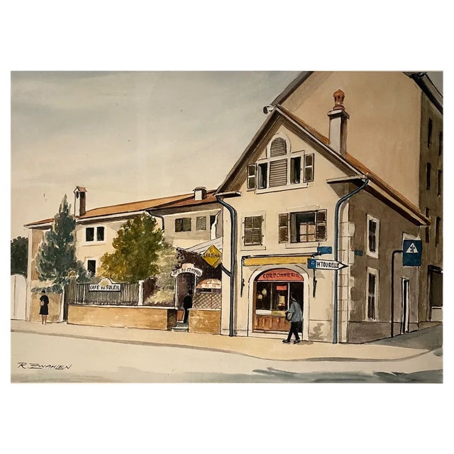 René Zwahlen, Petit Saconnex Place, Geneva, 1950s, Watercolor For Sale