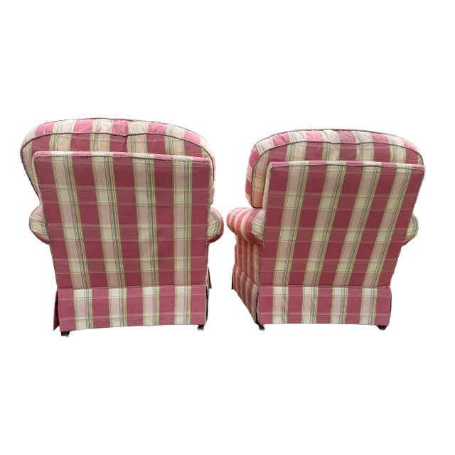 A Pair of Custom Pink Plaid Pleated Skirt Lounge Chairs With Rolled Arms For Sale - Image 11 of 18