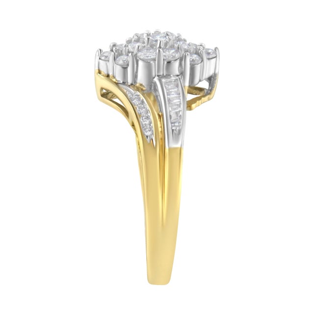 Haus of Brilliance 10K Yellow and White Gold 1/2 Cttw Diamond Marquise Shaped Cluster Split Shank Ring (H-I Color, SI2-I1 Clarity) - Size 6 For Sale - Image 4 of 6