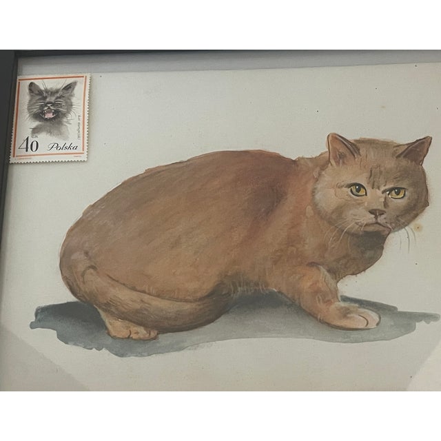 Vintage original watercolor on paper Red Cat Portrait with stamp collage , framed under glass.