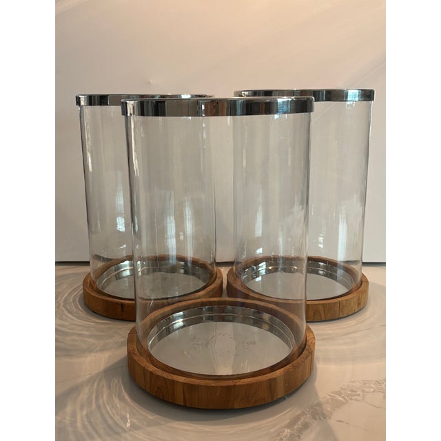 Gorgeous Retired Arteriors Home Milena Glass Hurricane With Wood Base & Polished Stainless Accents For Sale - Image 10 of 10
