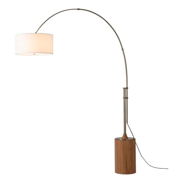 Tambo Arc Floor Lamp - Dark Walnut Wood Finish, Weathered Brass, Tambour Base, White Linen Shade, Dimmer For Sale