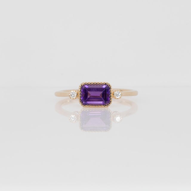 Amethyst Ring With Natural Diamonds Accents: Solid 14k Gold, Emerald Cut 7x5mm, Size 6.75 For Sale - Image 4 of 9