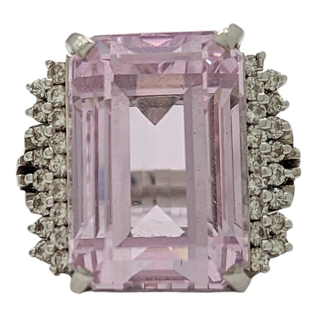 Pink Kunzite and White Diamond Cocktail Ring in 18K White Gold, size 7.5 For Sale