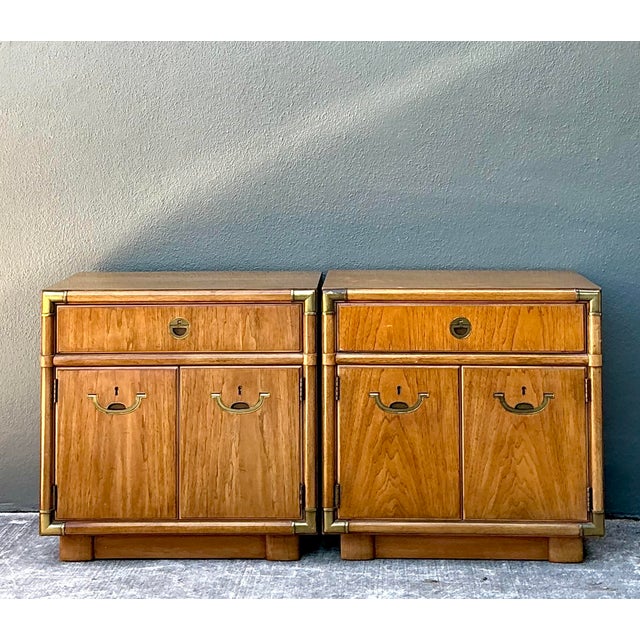 Wood Vintage Drexel Campaign Nightstands - A Pair For Sale - Image 7 of 12