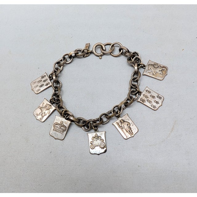 American Vintage 1930s Signed Monet Silvertone Coat of Arms Charm Bracelet For Sale - Image 3 of 8
