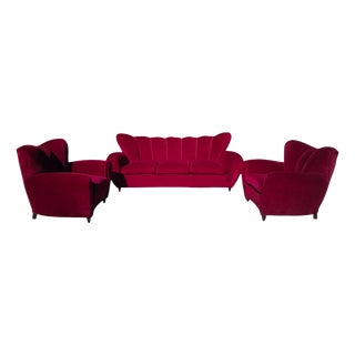 3-Seater Sofa and Armchairs in Velvet attributed to Guglielmo Ulrich, 1950s, Set of 3 For Sale
