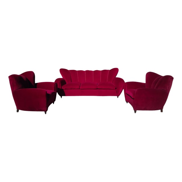 3-Seater Sofa and Armchairs in Velvet attributed to Guglielmo Ulrich, 1950s, Set of 3 For Sale