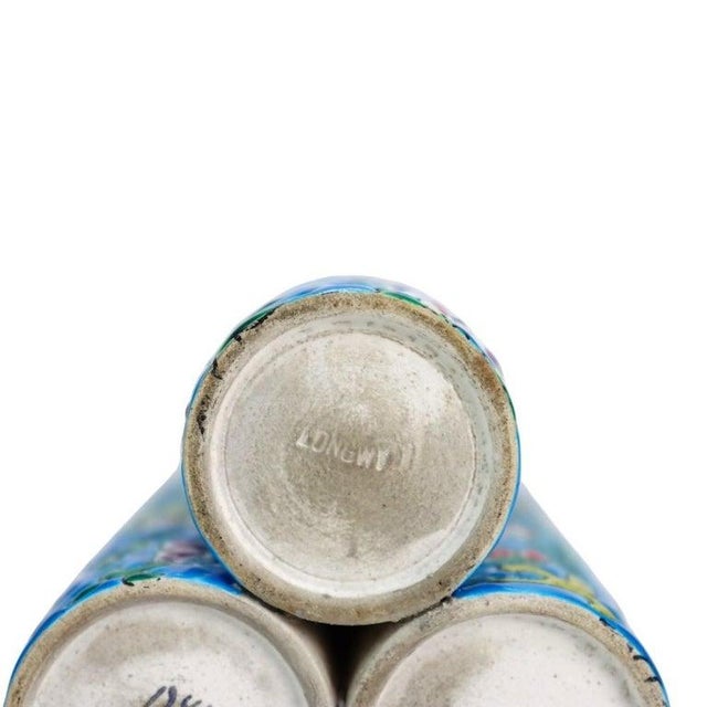 French Longwy Pottery Floral Decorated Triple Bud Vase, Signed, C1900 For Sale - Image 10 of 10