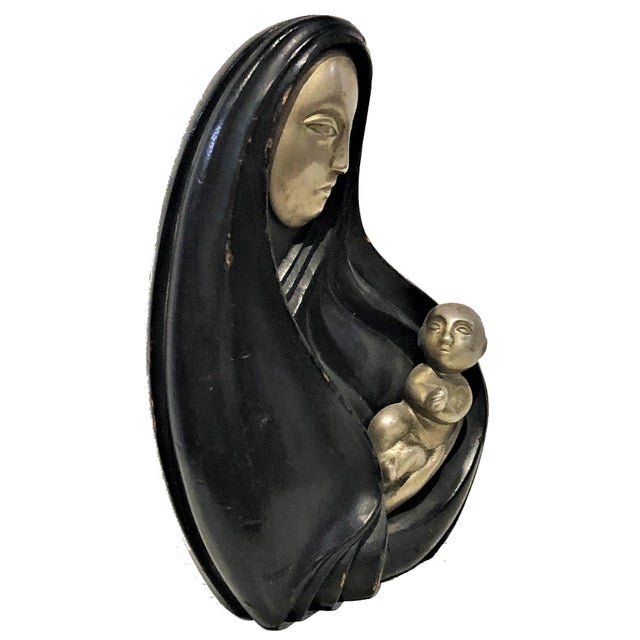 Art Deco Rena Rosenthal, Madonna & Child, Art Deco Wood & Metal Sculpture, ca. 1920’s For Sale - Image 3 of 12